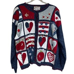 VTG Heirloom Collectibles Red White and Blue Knit USA Country Cardigan Sweater S